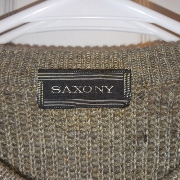 Vintage Saxony Leather & Wool Sweater Coogi Style Ivory & Tan Diamonds M - Picture 4 of 6